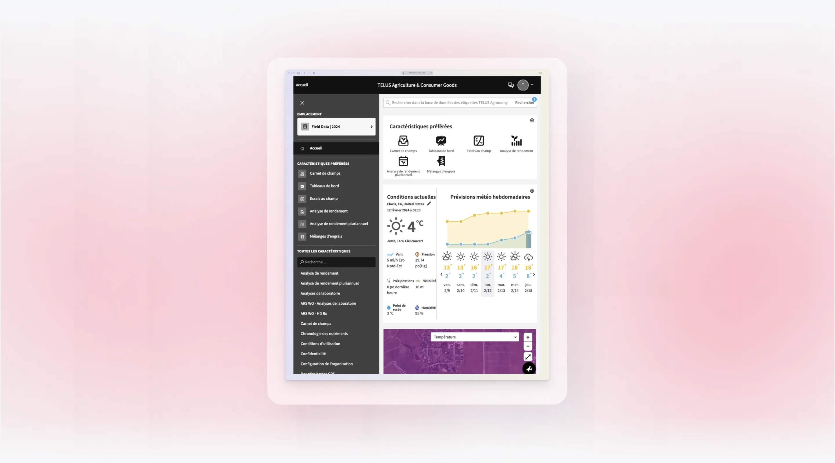 TELUS Agriculture software dashboard with analytics and data management features localized for global agricultural markets.