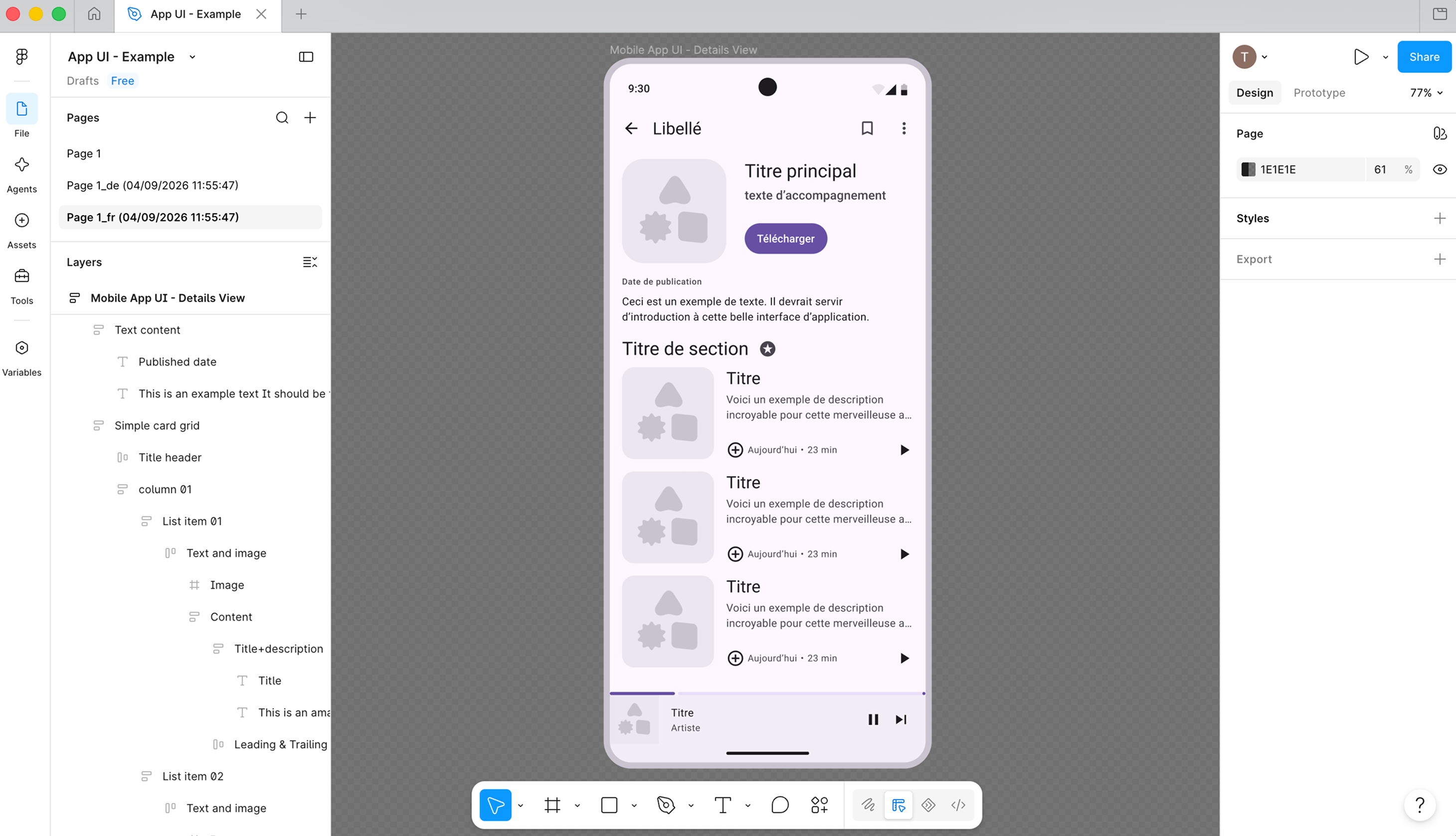 Figma interface showing a mobile app design localized into German, with translated UI labels, buttons, descriptions, and navigation elements displayed directly in the design.