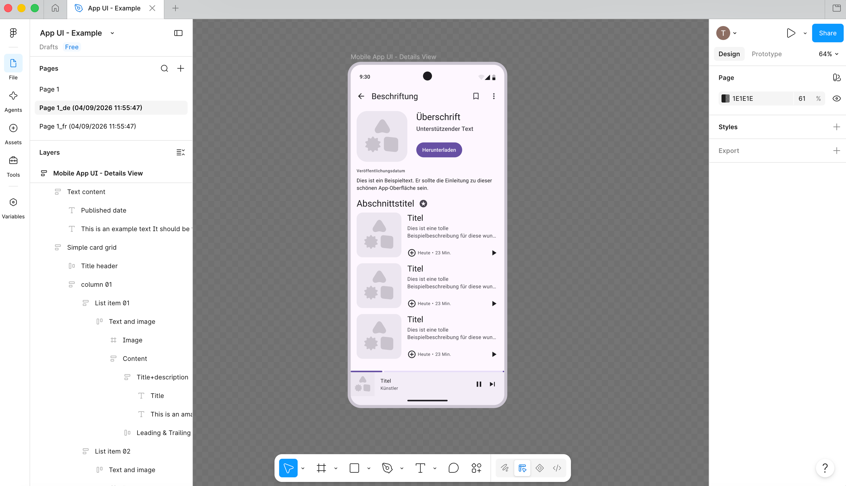 Figma interface showing a mobile app design localized into French, with translated UI labels, buttons, descriptions, and navigation elements displayed directly in the design.