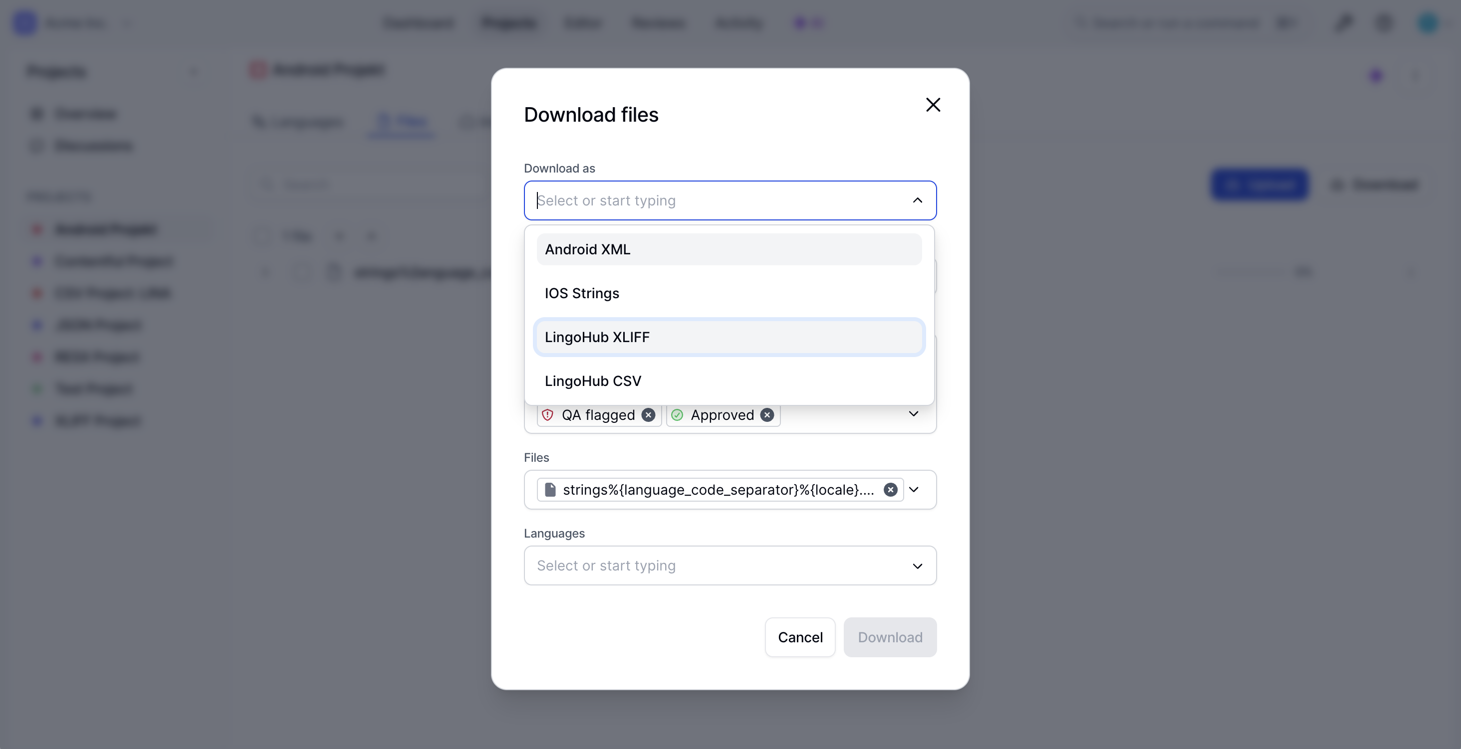 LingoHub download dialog showing export options for localization files, including Android XML, iOS Strings, XLIFF, and CSV, with XLIFF selected for multilingual file export.
