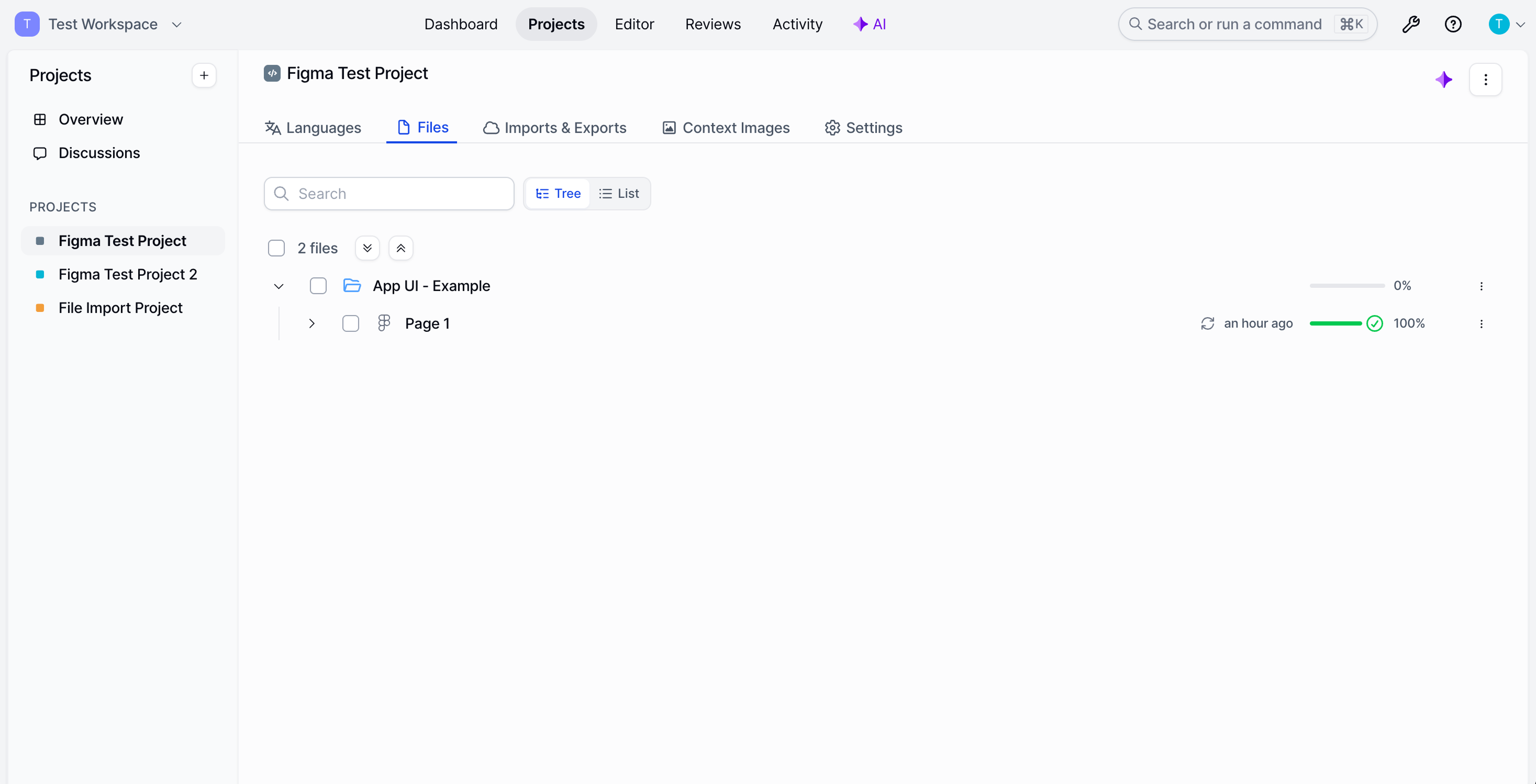 LingoHub project files view showing a Figma project synced with LingoHub, including the imported Figma page, synchronization status, and translation progress.