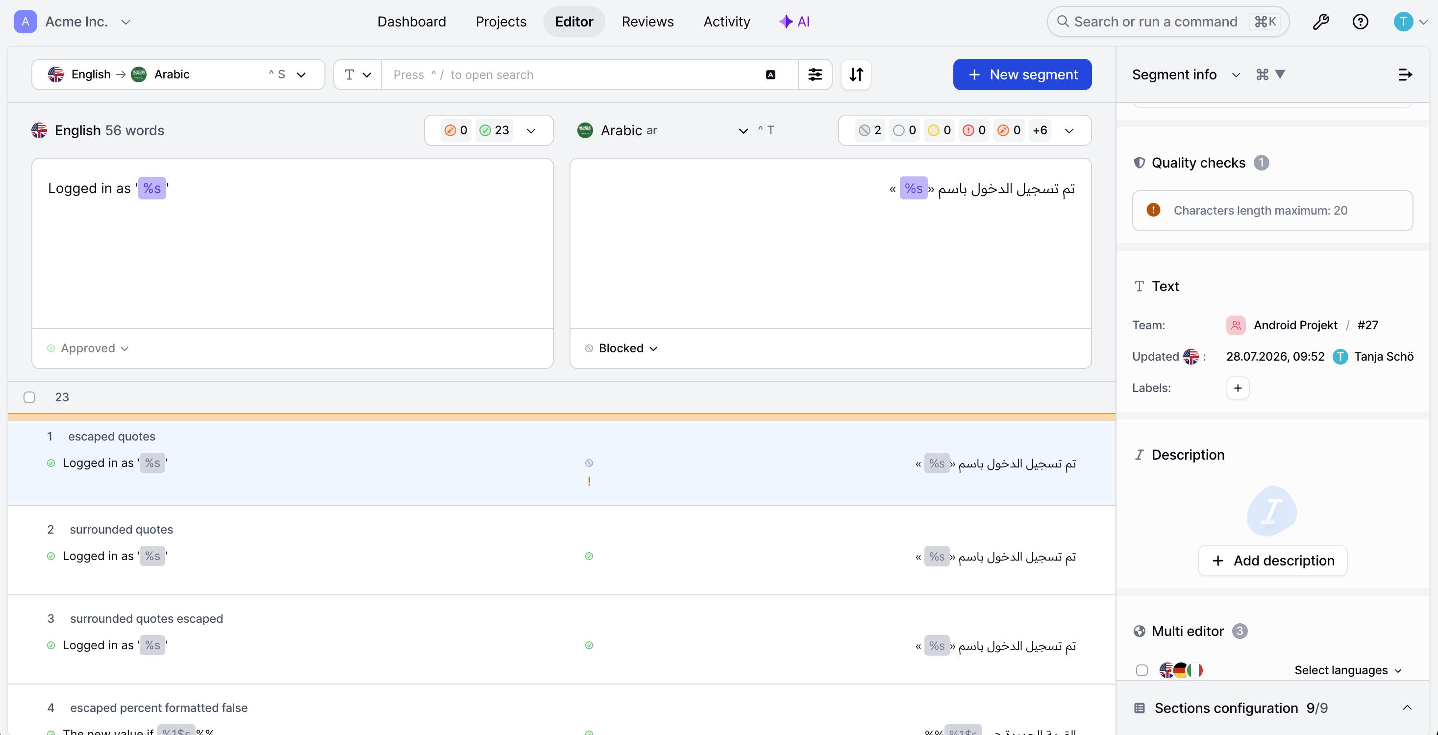 LingoHub editor highlighting quality checks that detect translation issues such as character length limits, helping translators resolve errors before approval.