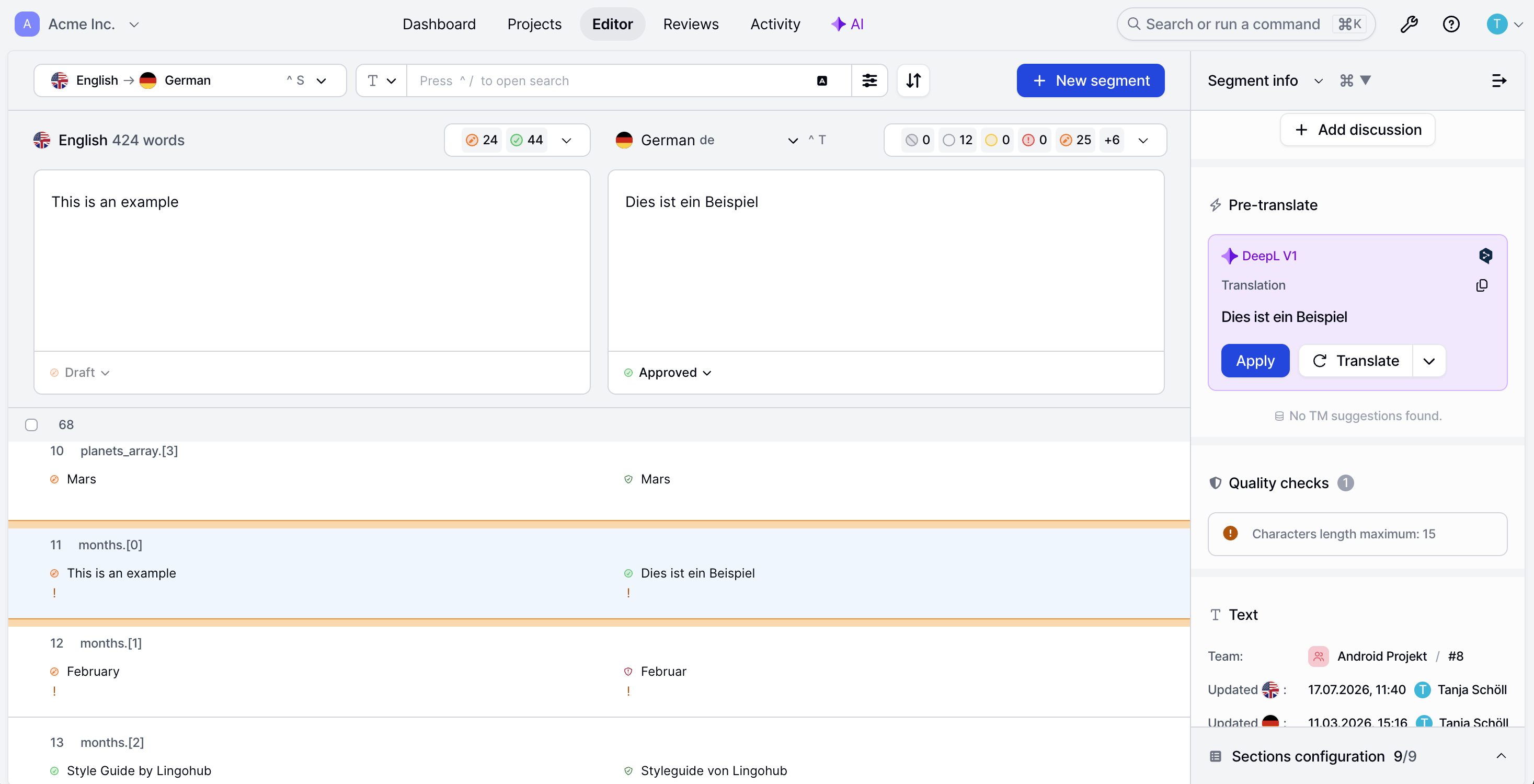 Screenshot of the LingoHub translation editor highlighting built in translation quality checks. The interface displays source and target text side by side, AI pre translation suggestions, and a quality warning for maximum character length to help translators identify issues before approval and improve software localization quality.