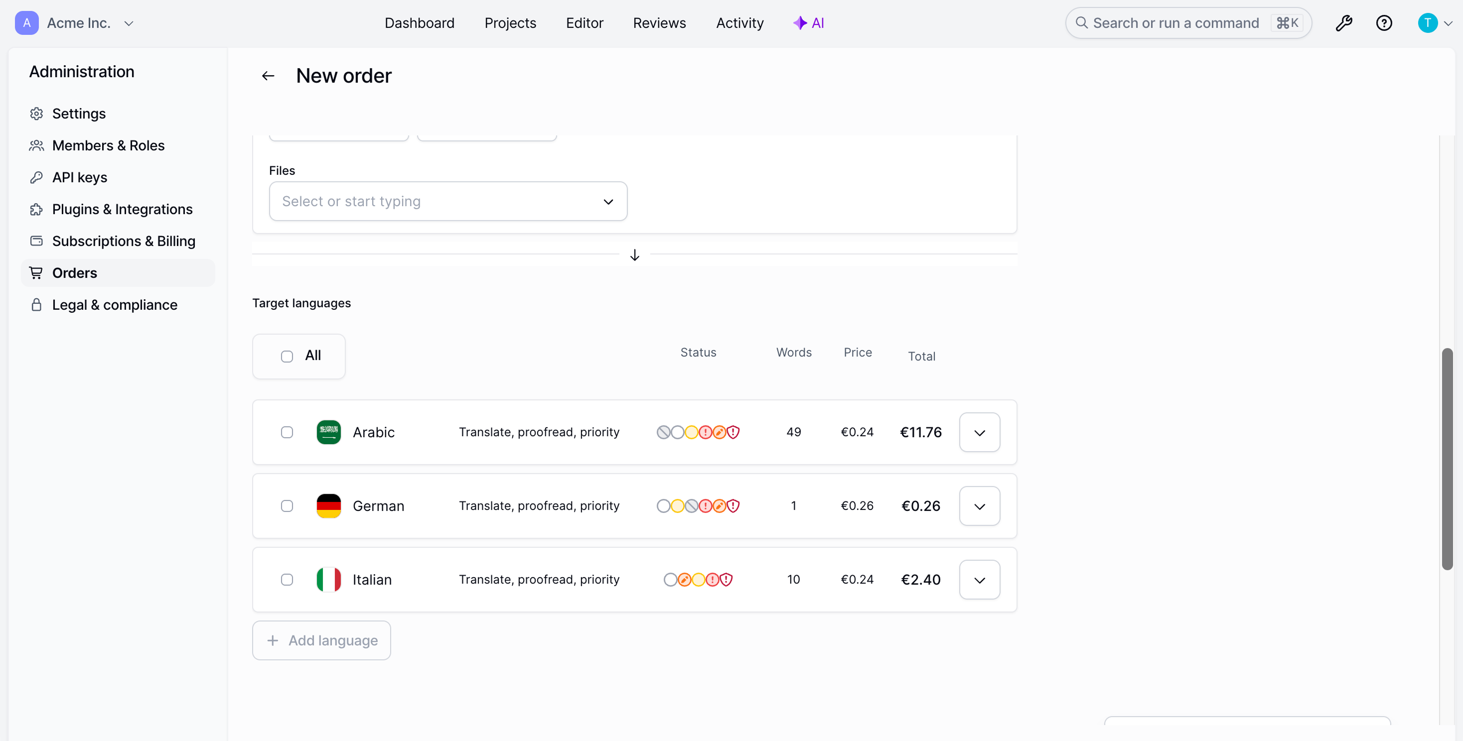 LingoHub translation order management screen showing target languages, translation and proofreading services, word counts, pricing, and estimated costs for multilingual localization orders.