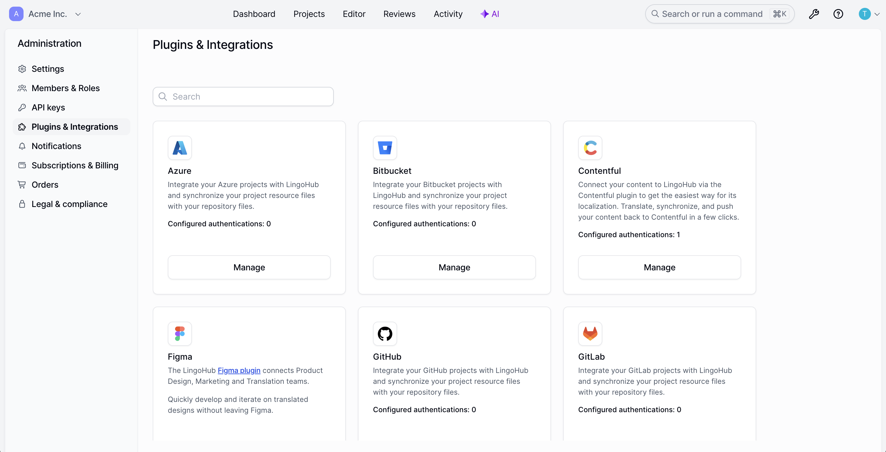LingoHub interface showing plugins and integrations for Azure, Bitbucket, Contentful, Figma, GitHub, and GitLab, each with a manage button.