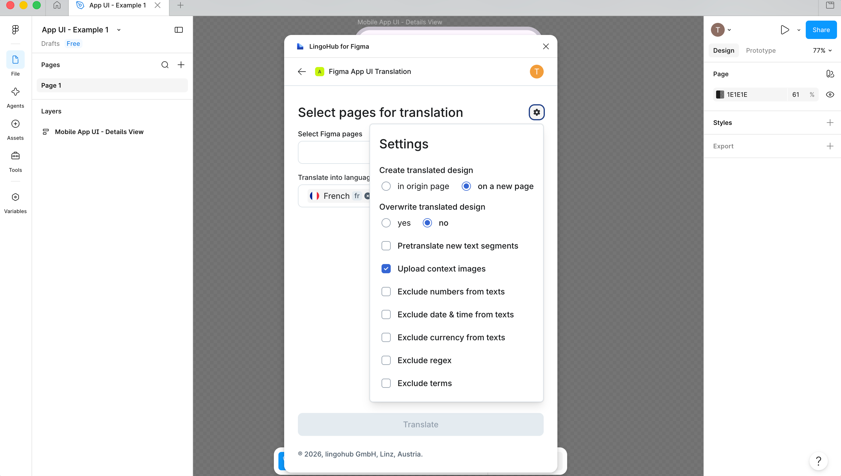 LingoHub for Figma plugin showing translation settings for selected Figma pages, including target languages, translated page creation, context image uploads, pretranslation, and options for excluding specific text elements.