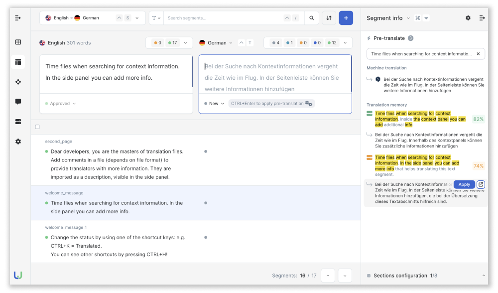 translation memory in the editor