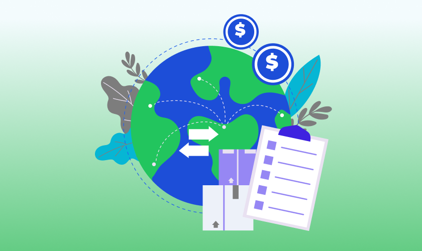 Financial translation illustration showing a globe with currency symbols, document exchange arrows, and a checklist for multilingual reporting.