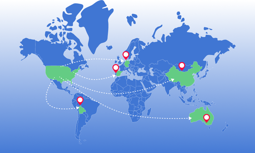World map illustration highlighting global markets and international expansion routes, showing why localization helps companies reach customers across North America, Europe, Asia, South America, and Australia.