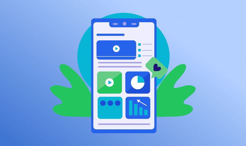 Mobile content management illustration showing a smartphone dashboard with video tiles, analytics charts, and a social “like” icon.