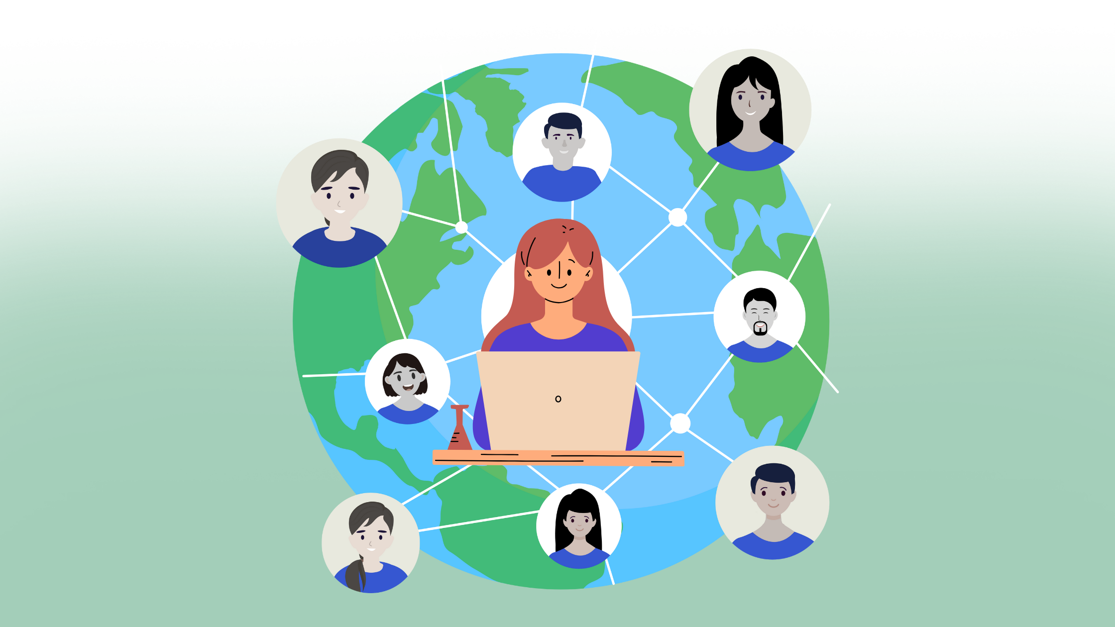 The picture shows a globe and a network of users that are all connected with each other.
