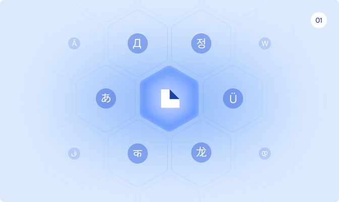 Hexagonal grid with a central document icon surrounded by various language symbols on a light blue background.