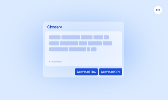LingoHub glossary dashboard illustrating glossary term import and export workflows with CSV and TBX support for localization terminology management.