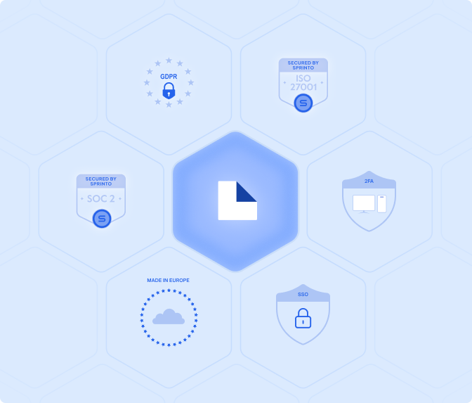 Hexagonal icons of security features: GDPR, ISO 27001, SOC 2, 2FA, SSD, and "Made in Europe" cloud symbol, centered around a file icon.