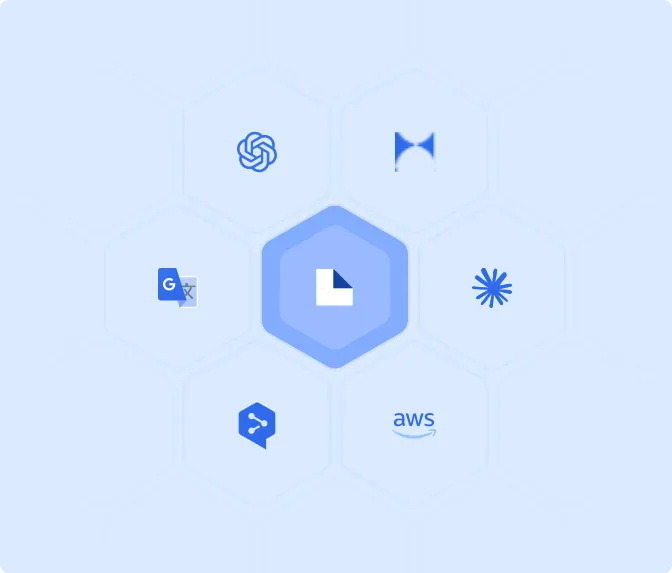 Illustration of a central document connected to AI, machine translation, cloud, and localization technology platforms.