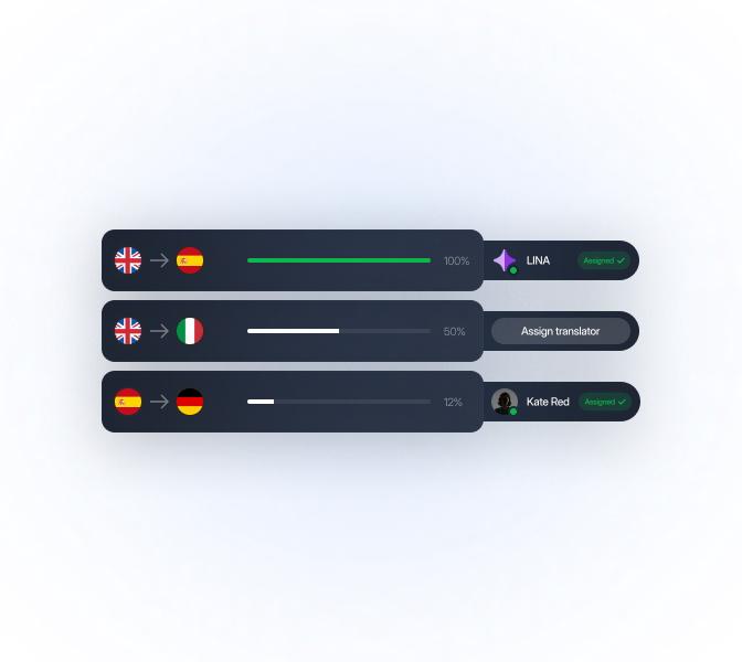 LingoHub localization management dashboard showing real-time translation progress tracking, thematic project organization, smart filters, translator assignments, and global team oversight for multilingual workflows.