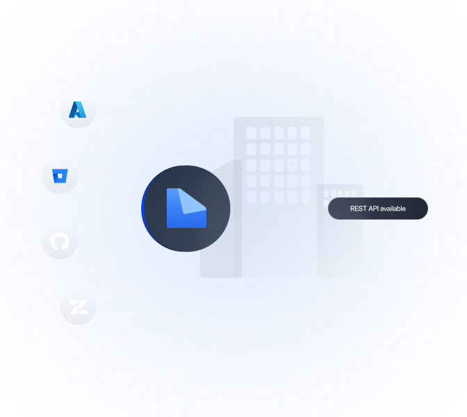 Dark-themed enterprise localization workflow illustration showing scalable CI/CD integrations, REST API automation, and on-premise deployment options connected to internal systems.
