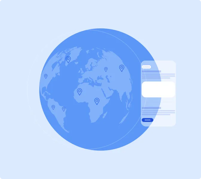 Illustration of global localization workflow with Azure DevOps integration showing worldwide content delivery and faster time-to-market for multilingual app releases.