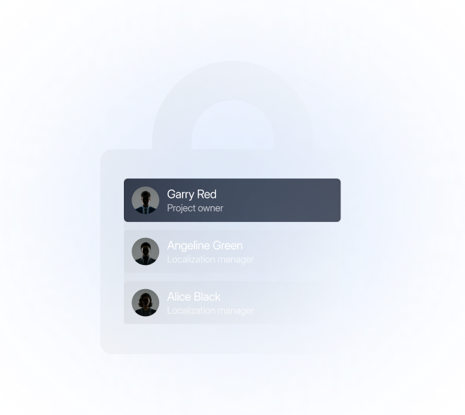 Dark-themed enterprise security dashboard showing protected localization access, role-based permissions, encrypted infrastructure, and governance controls for secure translation workflows.