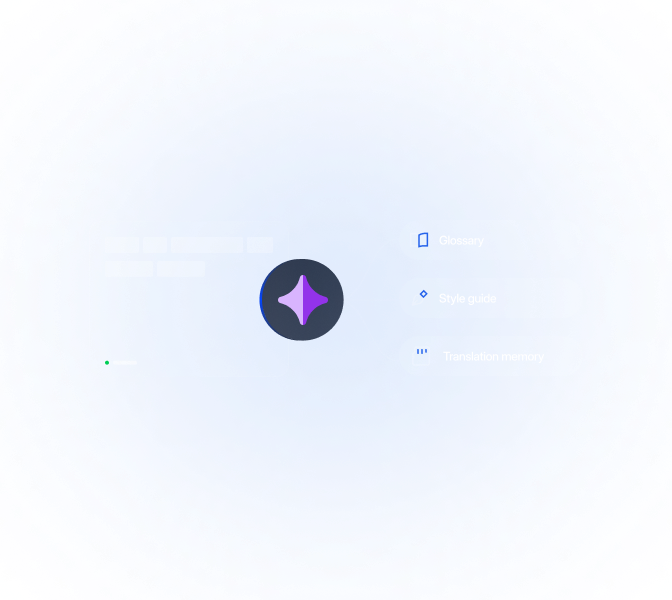 Dark-themed enterprise localization interface showing AI-powered translation workflows with glossary, style guide, and translation memory support for consistent multilingual content delivery.