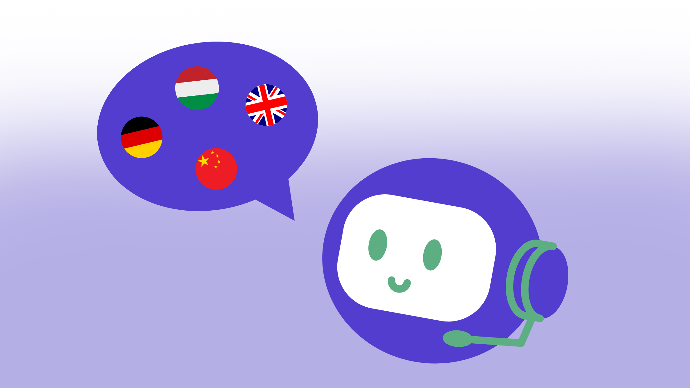 A smiling chatbot with a headset and speech bubble showing flags of Germany, Hungary, UK, and China, indicating multilingual support.