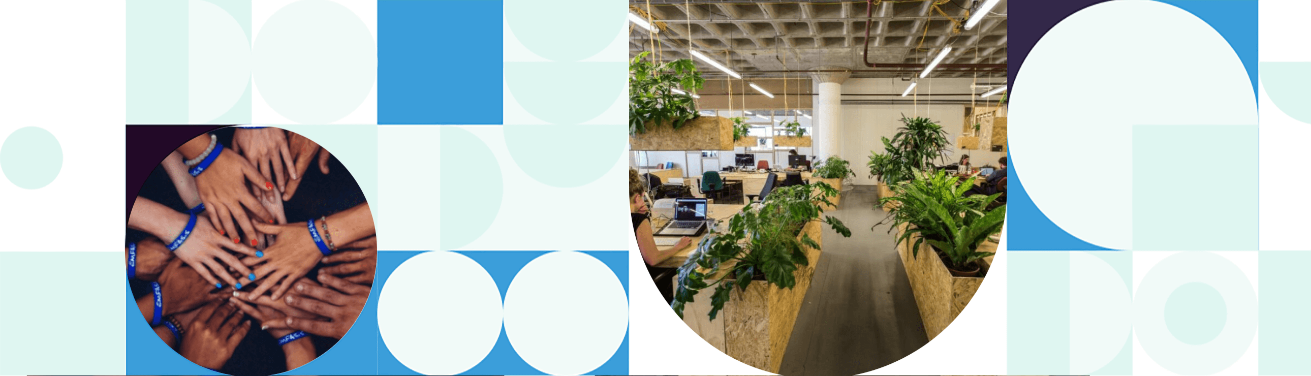 Geometric collage illustrating the impact of localization through global teamwork, diverse collaboration, and a modern workplace environment supporting international growth.