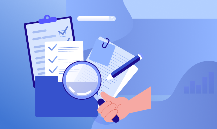 Illustration of documents with a magnifying glass symbolizing document review and localization.