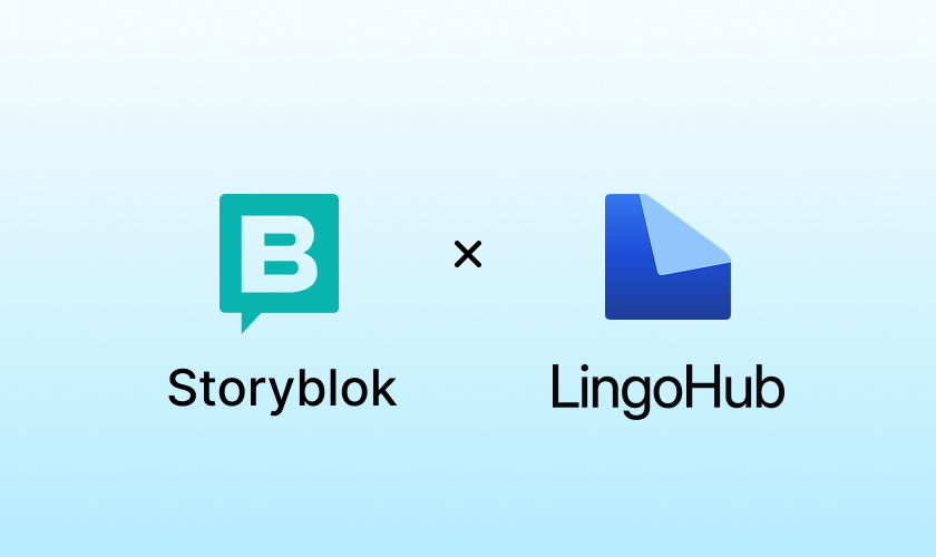 Storyblok and LingoHub integration graphic with the Storyblok logo on the left and the LingoHub logo on the right on a light blue gradient background.