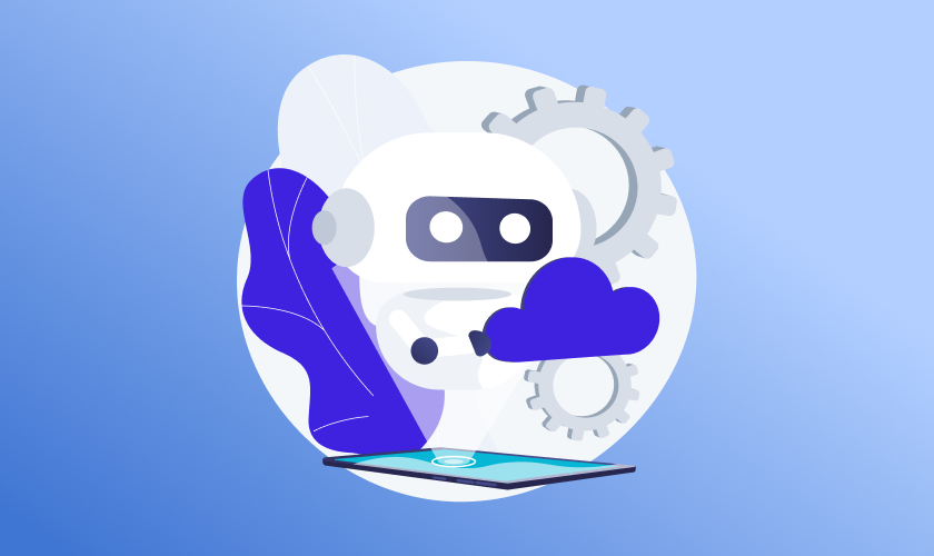 GEO and AEO illustration of a friendly robot with cloud and gear icons above a laptop on a blue background.