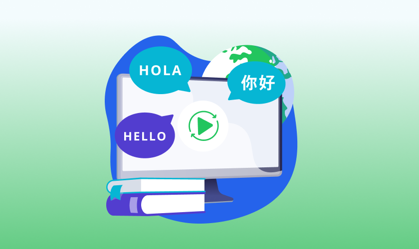 Translation software illustration showing a computer screen with a play button and speech bubbles in multiple languages with a globe and books to represent multilingual translation tools.