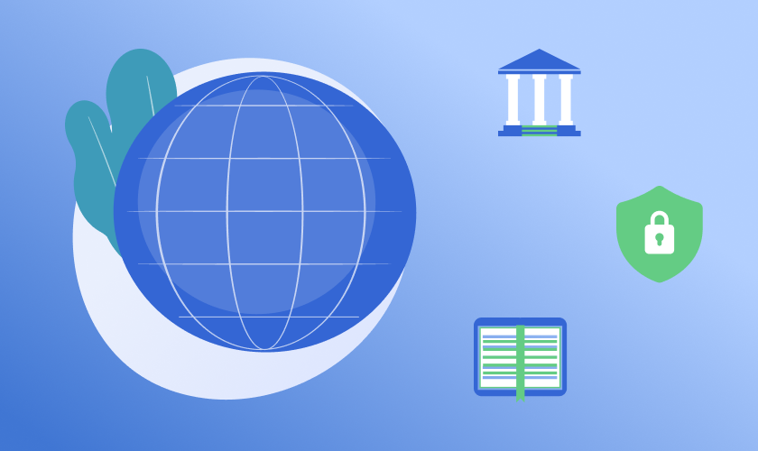 Graphic with the headline “Enterprise Translation Management System: A Buyer’s Guide” above a large globe illustration, with icons representing governance, security, and documentation on a blue gradient background.