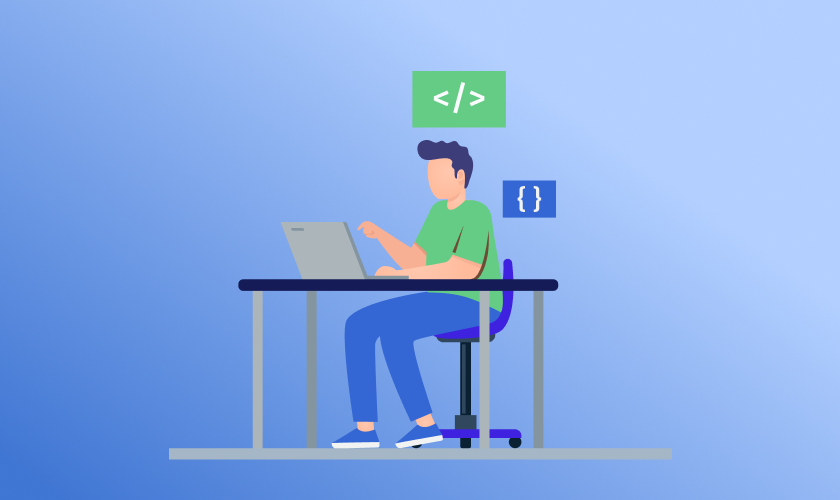 Illustration of a software developer working on a laptop with code symbols overhead, representing software internationalization and developer-friendly localization workflows supported by LingoHub.