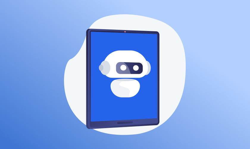 Illustration of an AI chatbot displayed on a tablet screen, representing AI orchestration in localization workflows and multilingual automation.