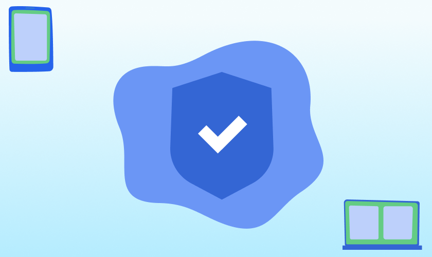 Illustration of linguistic quality assurance showing a shield with a check mark between mobile and web app screens, representing verified translation quality across platforms.