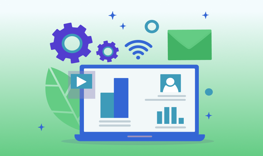 Illustration of a translation management system dashboard with analytics, automation, integrations, media, and communication tools, representing the capabilities of the best translation management system.