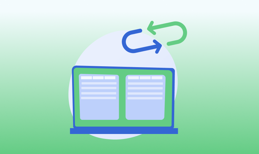 Back translation illustration showing a bilingual content table on a screen with blue and green arrows above it, representing reverse translation in a translation management system.