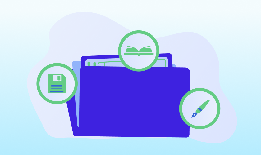 Illustration of a digital file folder with document, editing, and organization icons representing keyword context management and content organization.