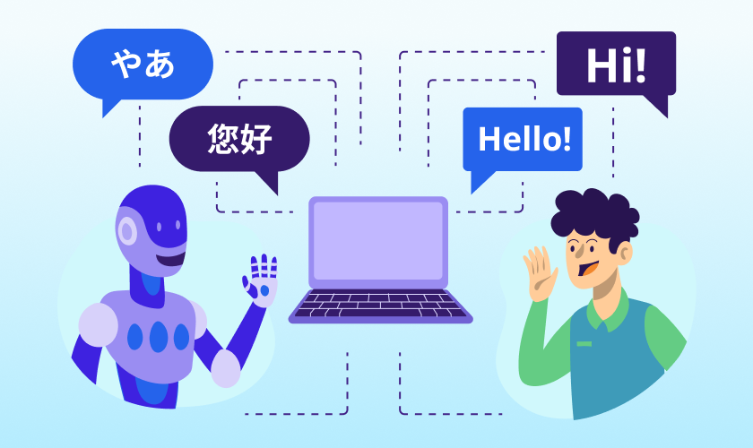 Illustration of an AI assistant and a user communicating through a laptop with speech bubbles in Japanese, Chinese, and English, highlighting AI localization and multilingual communication across global audiences.