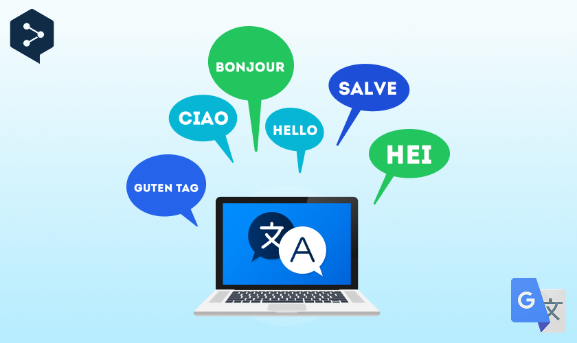Illustration of a laptop using Google Translate with speech bubbles showing multiple languages, representing how accurate Google Translate works for global communication.
