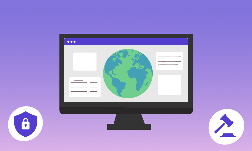 Illustration of business translation for enterprises, showing a desktop screen with a globe, content blocks, and security and compliance icons on a purple background.