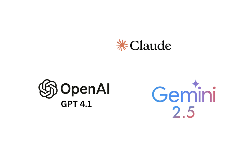 Logos of three AI models on a light gray background: OpenAI GPT-4.1 at the lower left, Claude at the top center, and Gemini 2.5 at the lower right.