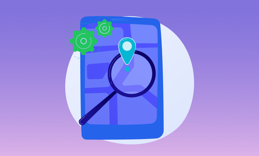 Content localization illustration showing a smartphone map interface with a magnifying glass, location pin, and green settings gears on a purple gradient background.