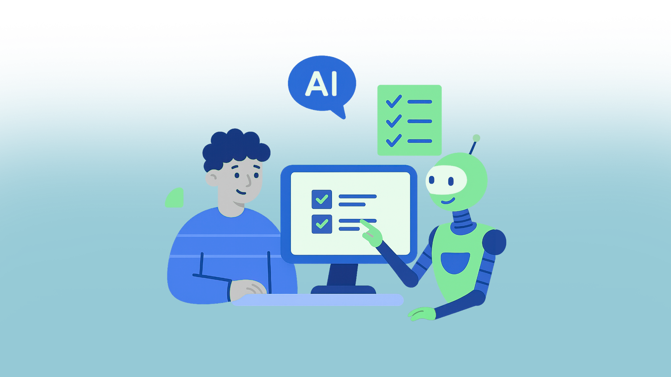 The picture shows an AI bot and a human interacting with each other, collaborating.