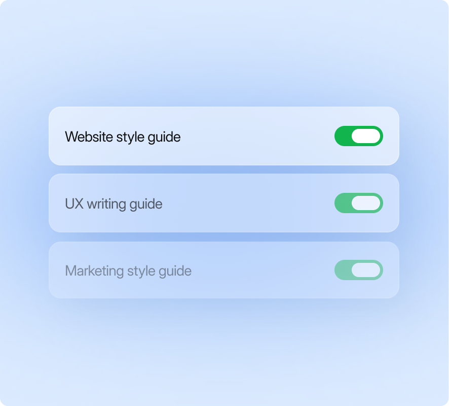 LingoHub style guide settings showing website, UX writing, and marketing style guides with toggles to manage brand voice consistency across different content types.