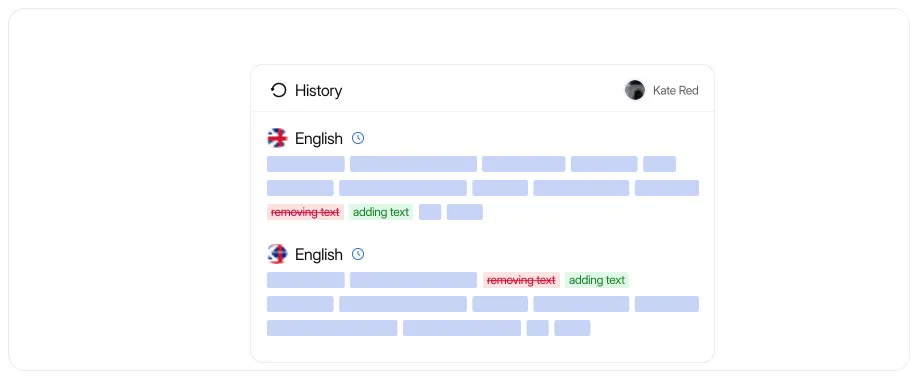 LingoHub translation history interface showing version tracking, translation change history, and audit-ready localization workflows for comparing and restoring multilingual content updates.