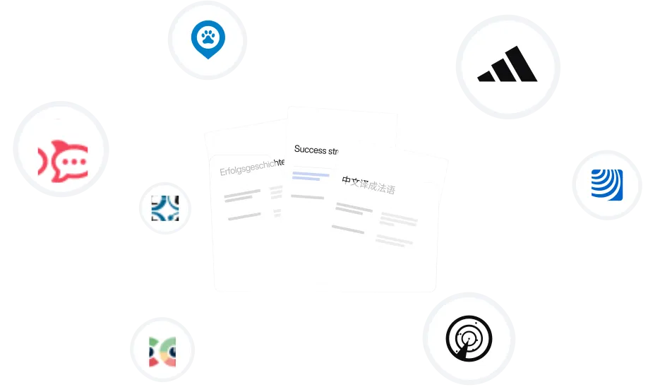 Illustration of multilingual content localization with translated documents in different languages at the center, surrounded by logos of popular content management systems and e-commerce platforms. The graphic highlights automated content localization and translation workflows across connected business applications.