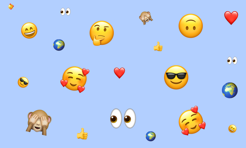 Illustration of emoji-based communication with smiley faces, hearts, thumbs-up symbols, globe icons, and expressive emojis, highlighting the role of emojis in global digital communication and localization.