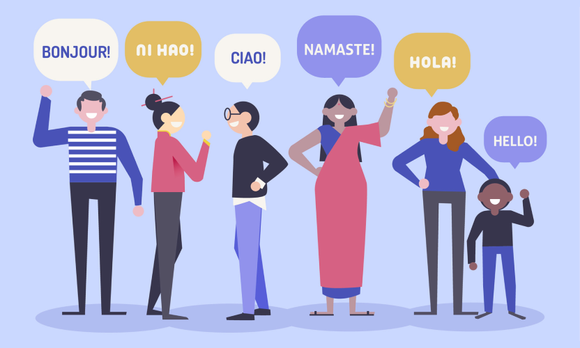 Illustration of multilingual localization showing a diverse group of people greeting each other in different languages, including Bonjour, Ni Hao, Ciao, Namaste, Hola, and Hello, representing global communication and localization.
