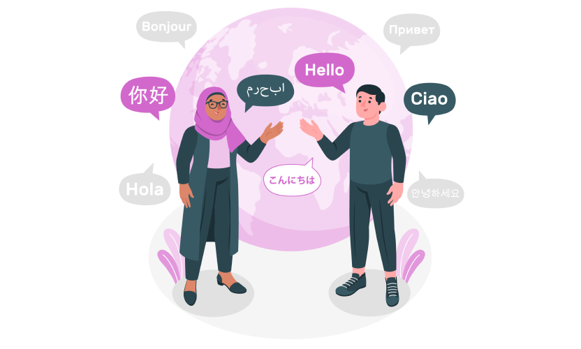 llustration of multilingual communication showing two people speaking different languages in front of a globe, with speech bubbles displaying greetings in English, Chinese, Arabic, French, Russian, Italian, Japanese, Korean, and Spanish.