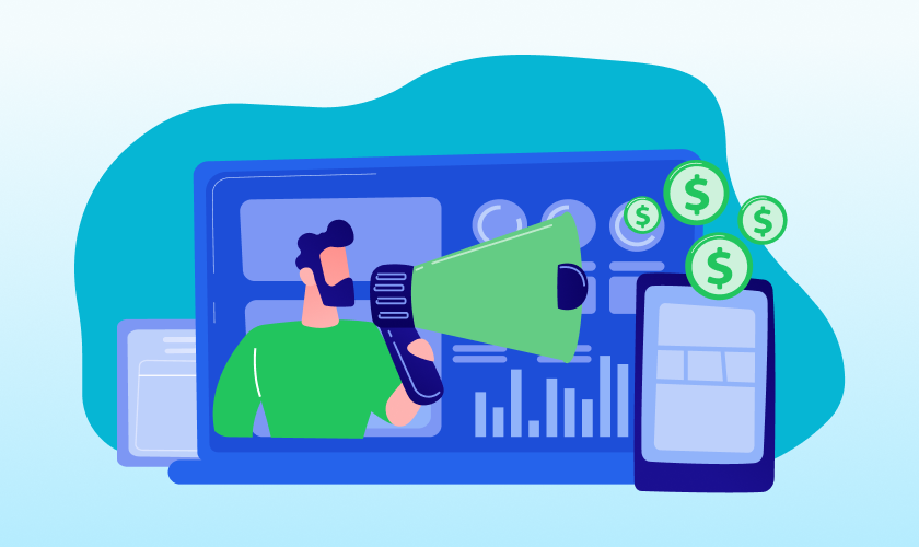 Marketing translation illustration showing a person with a megaphone on a laptop screen, analytics charts, and dollar icons representing multilingual campaign ROI.